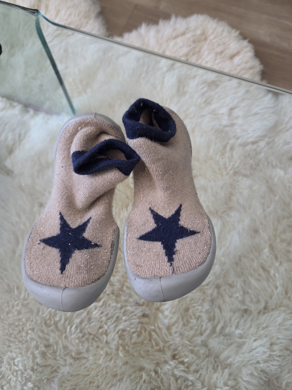 Kids Glitter Beige Slip-On Star Sock Shoes with Navy Accents